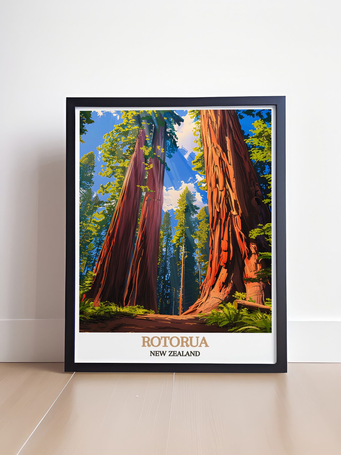 Rotorua New Zealand Towering Redwood Forest Travel Art Poster - Image 4