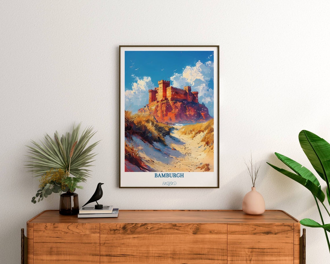 Bamburgh Castle on Red Cliffs Above Sandy Dunes Beach Poster - Image 2