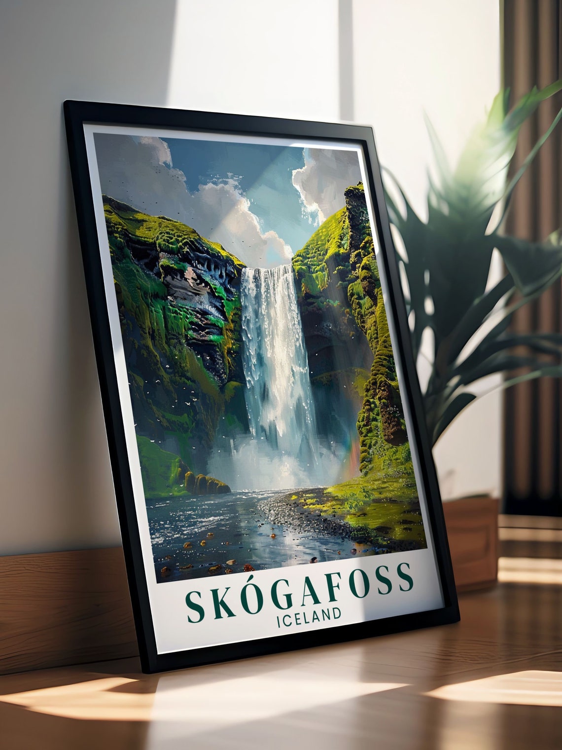 Skogafoss Iceland Summer Waterfall Rainbow Meadow Travel Poster - Image 2