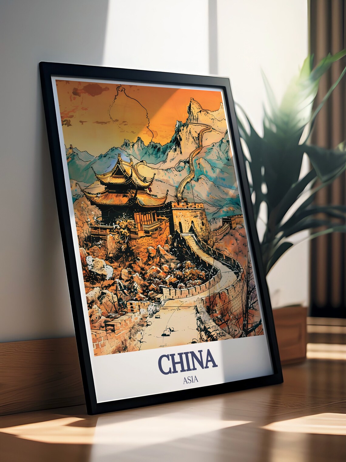 Great Wall of China Sunset Watercolor Temple Scenic Travel Poster - Image 3