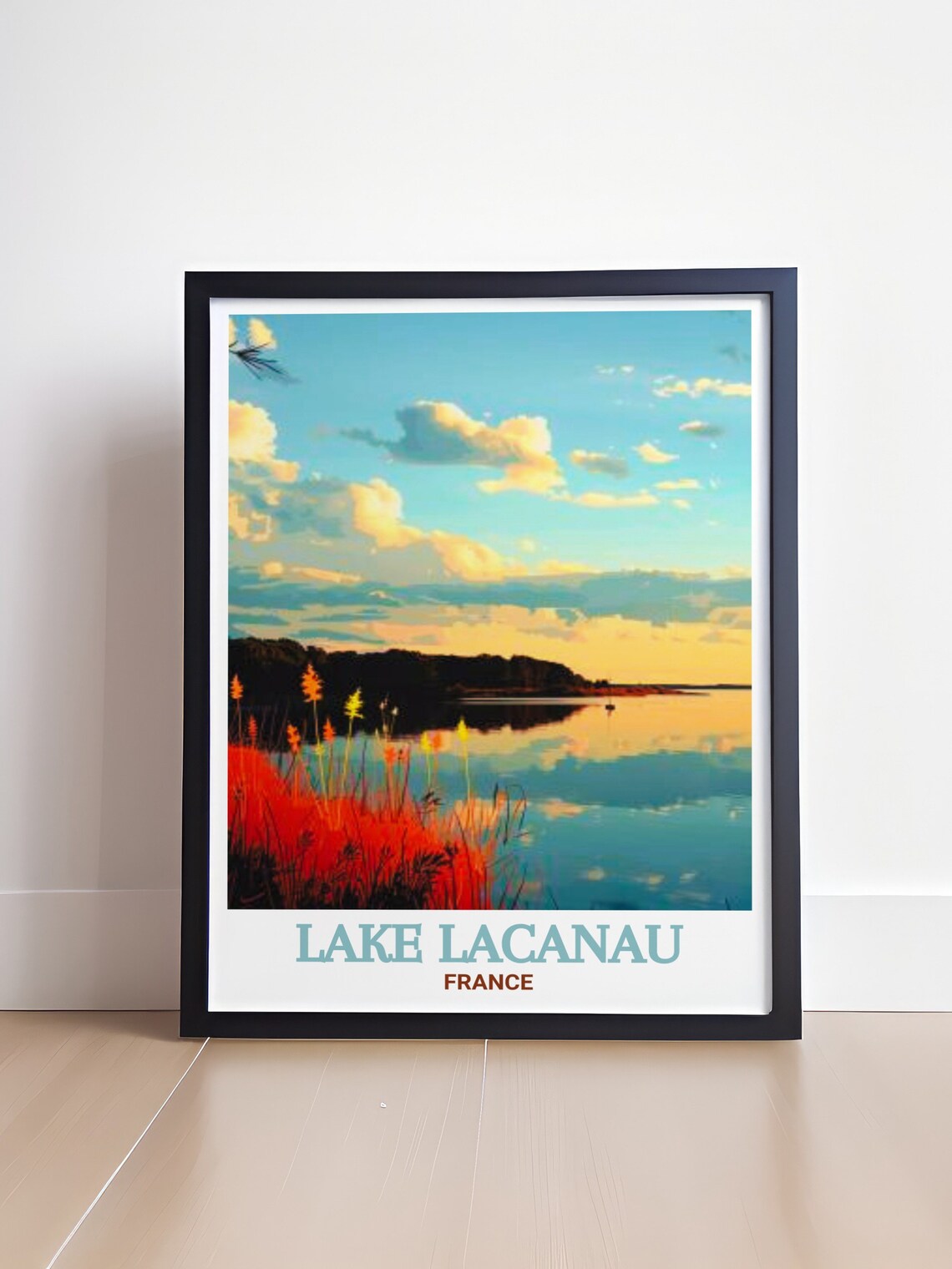 Lake Lacanau Sunset Glow Over Reeds Reflecting in Calm Water Poster - Image 4