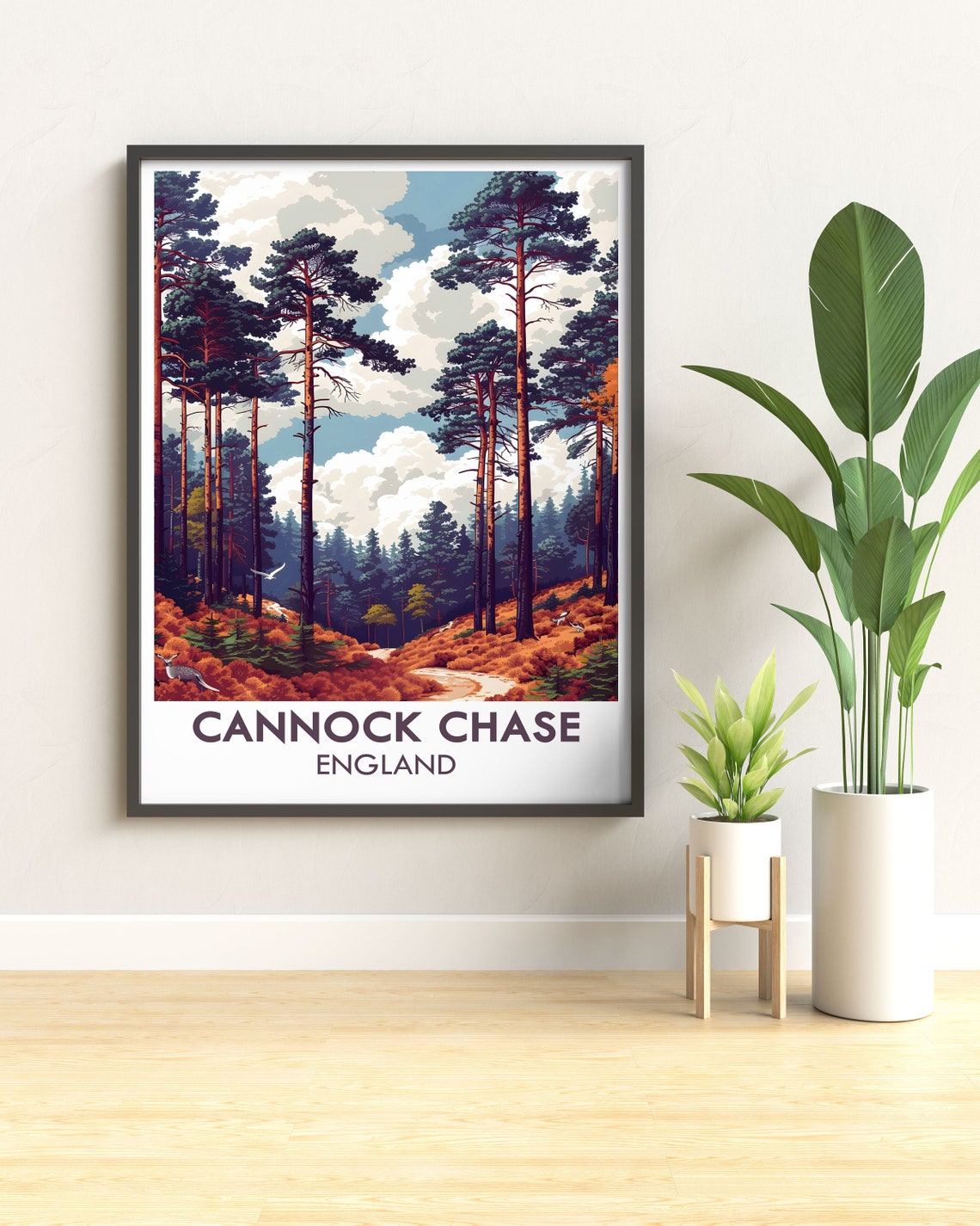Cannock Chase England Pine Forest Retro Travel Poster With Deer - Image 3