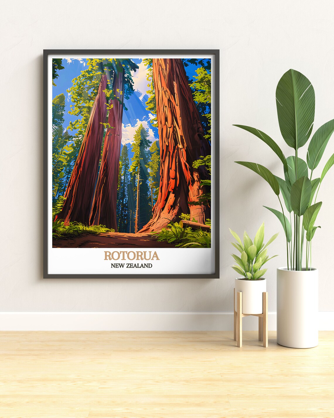 Rotorua New Zealand Towering Redwood Forest Travel Art Poster - Image 2