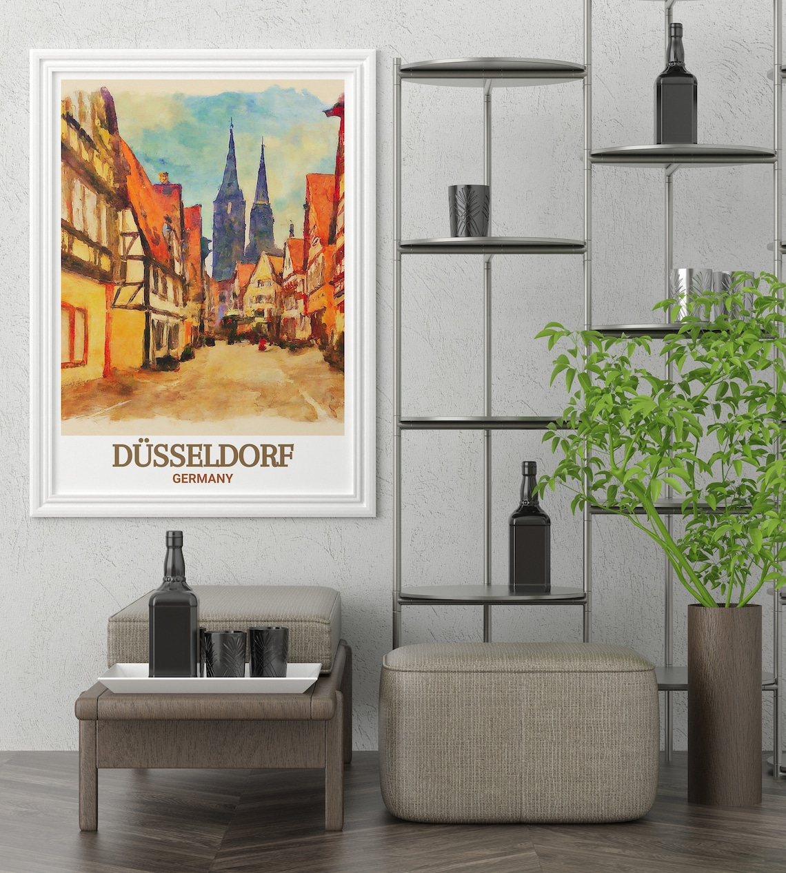 Düsseldorf Germany Altstadt Twin Church Street Watercolor Poster - Image 2
