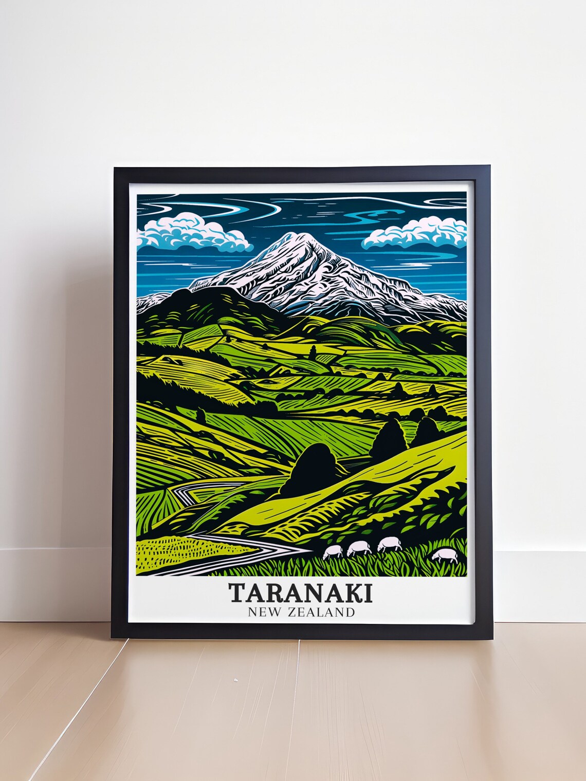 Mount Taranaki Woodblock Style Green Valley Sheep Travel Poster - Image 4