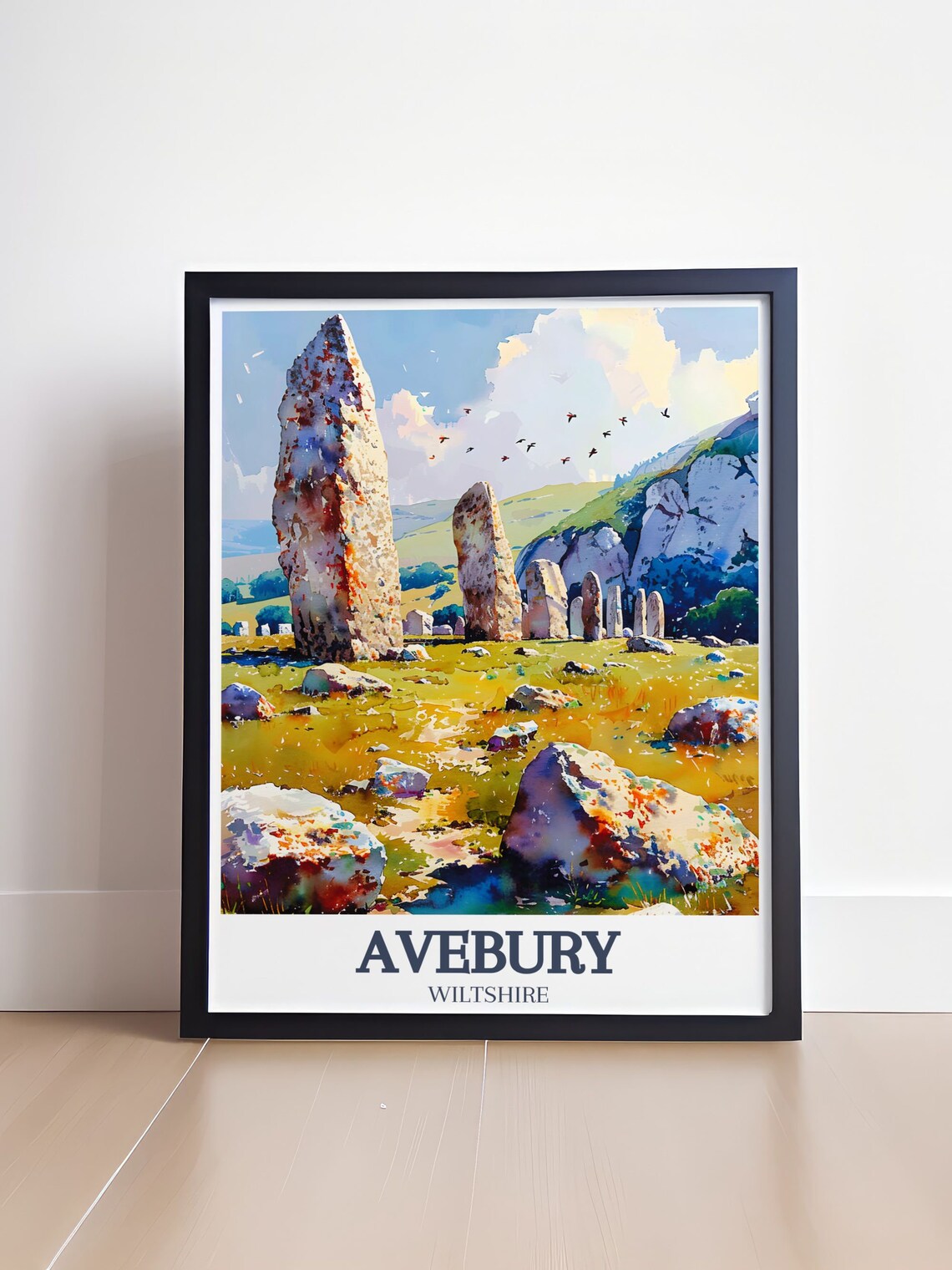 Avebury English Stone Circle Meadow Hills Watercolor Travel Poster - Image 4
