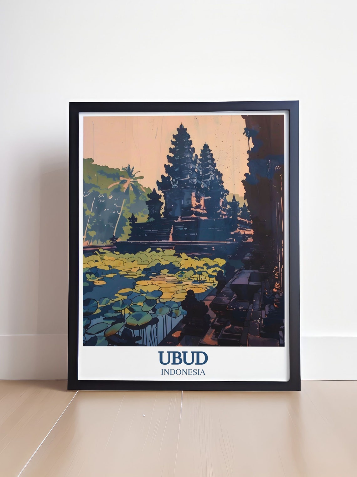 Ubud Lotus Pond Temple Sunset Retro Illustration Indonesia Poster - Image 4