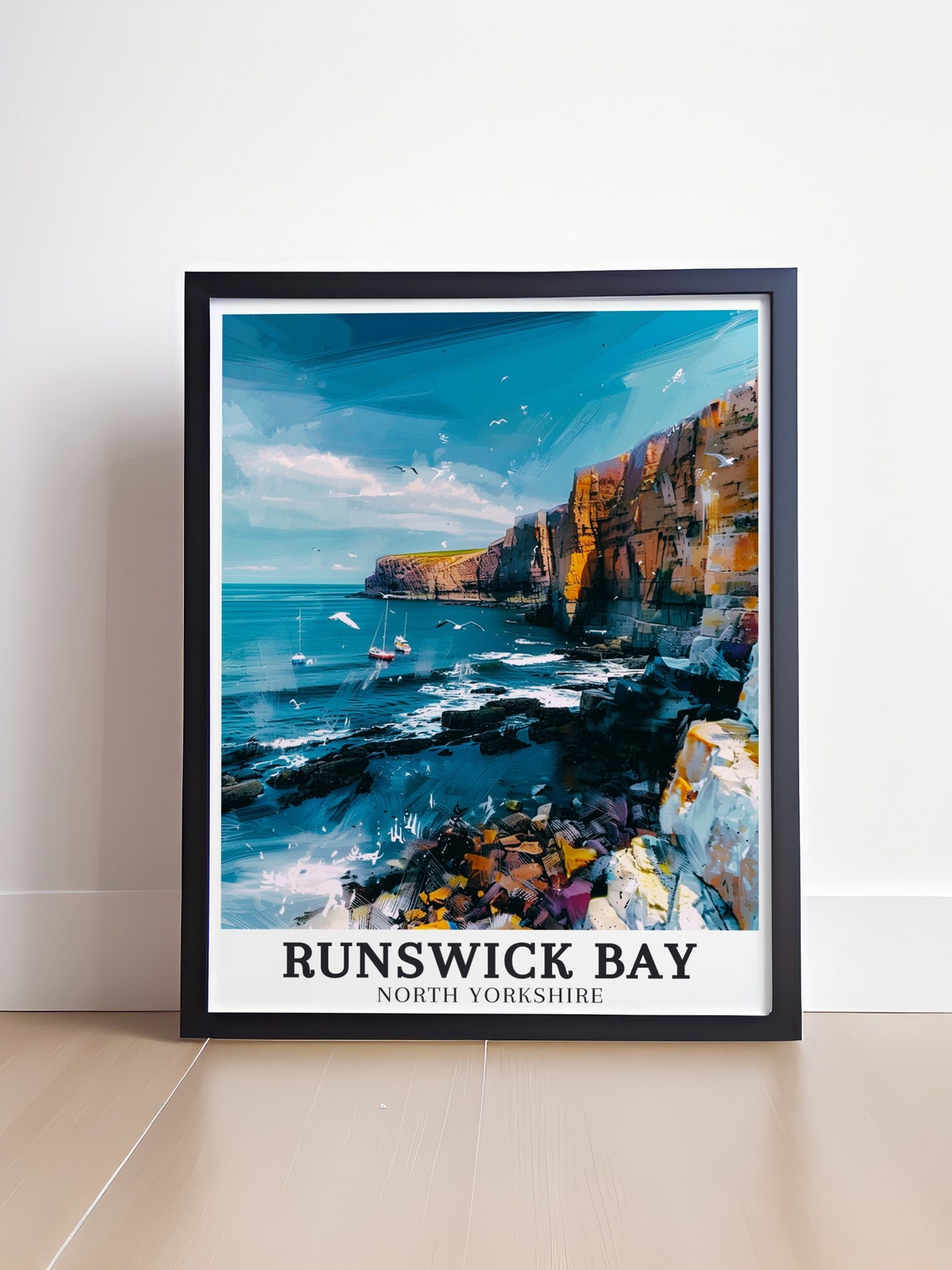 Runswick Bay North Yorkshire Rugged Cliffs Boats Gulls Travel Poster - Image 4