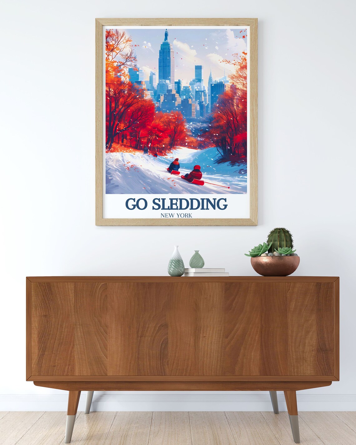 Go Sledding New York City Central Park Winter Skyline Travel Poster - Image 3