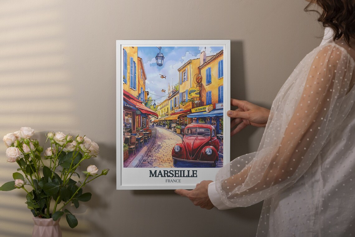 Marseille France Charming Street with Classic Red Beetle Poster - Image 3