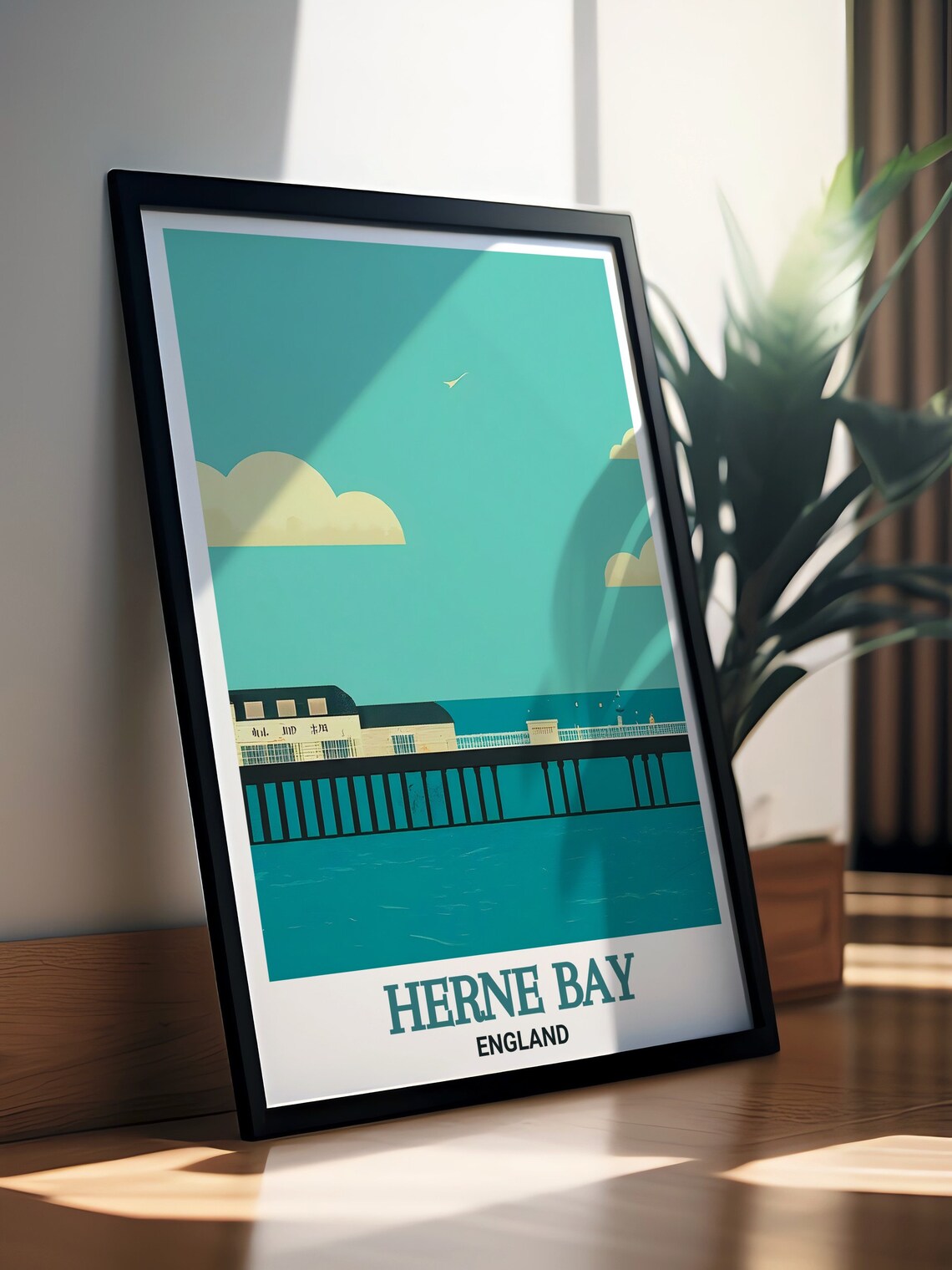 Herne Bay England Minimalist Pier Teal Seaside Scene Art Poster - Image 2