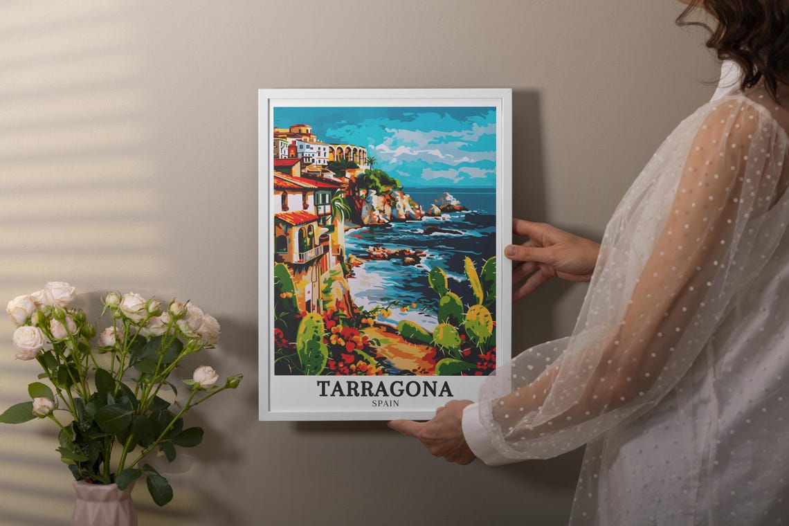 Tarragona Spain Mediterranean Cliffside Cove Cactus Art Poster - Image 2