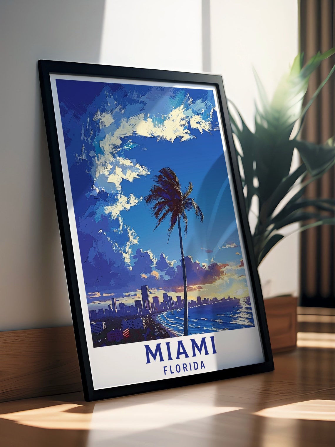 Miami Florida Tall Palm Tree Sunset Skyline Ocean View Poster - Image 2