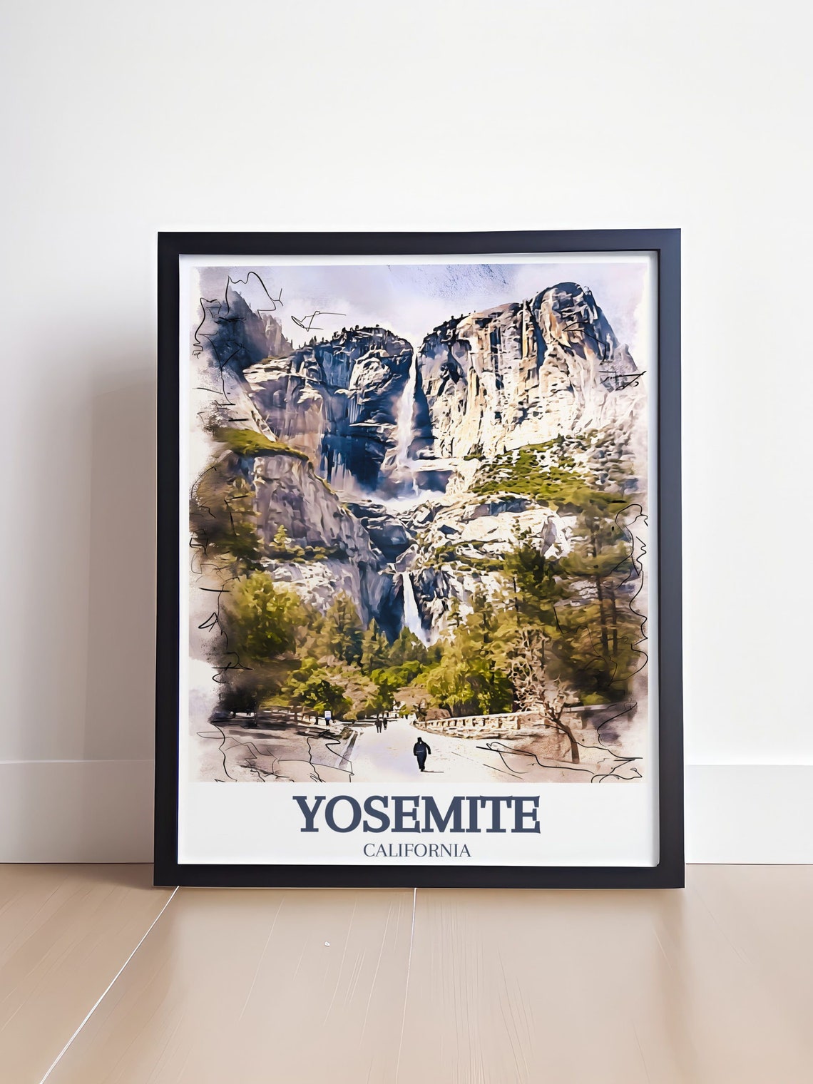 Yosemite California Waterfall Sketch Style Watercolor Travel Poster - Image 4