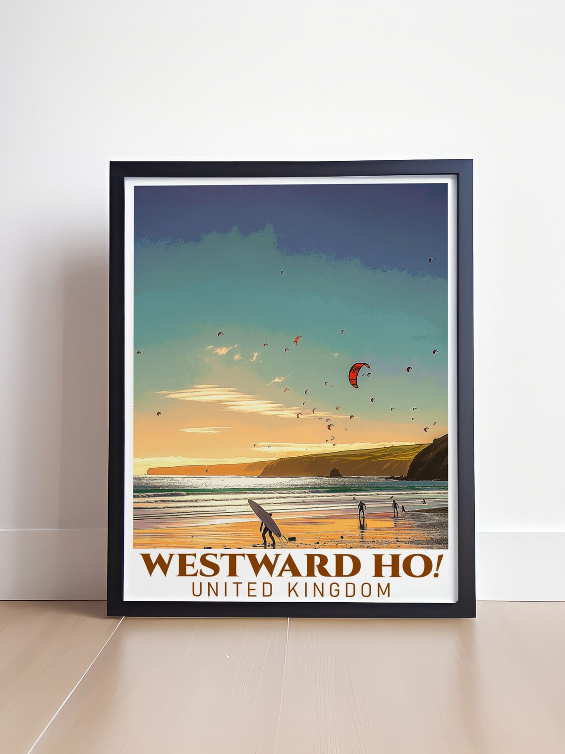 Westward Ho Golden Sunset Beach with Surfers and Kites Poster - Image 4
