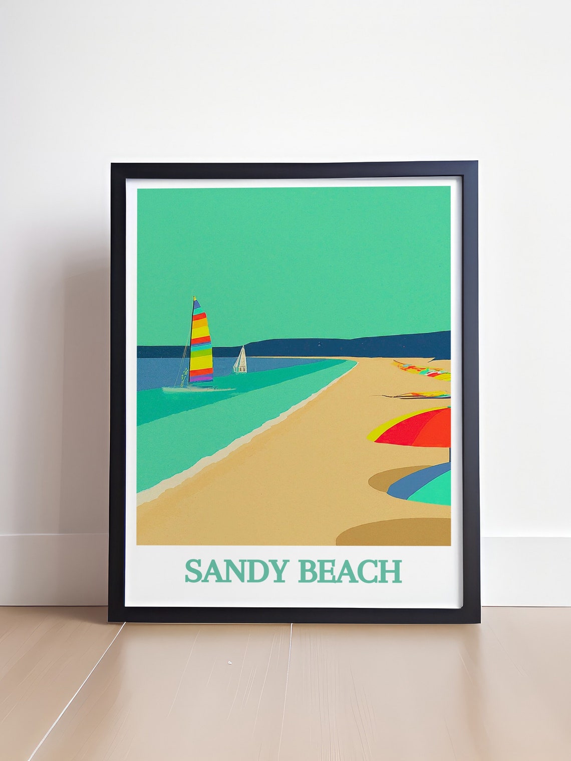 Sandy Beach Sailboats Rainbow Sails Minimalist Coastal Poster - Image 4