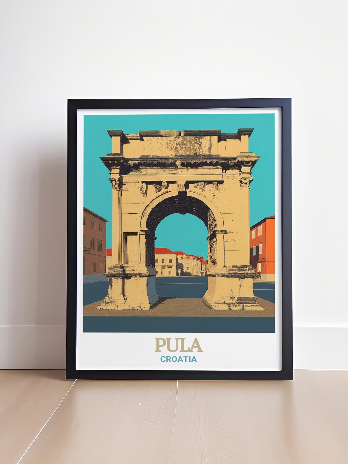Pula Croatia Poster with Arch of the Sergii in Retro Graphic Style - Image 4