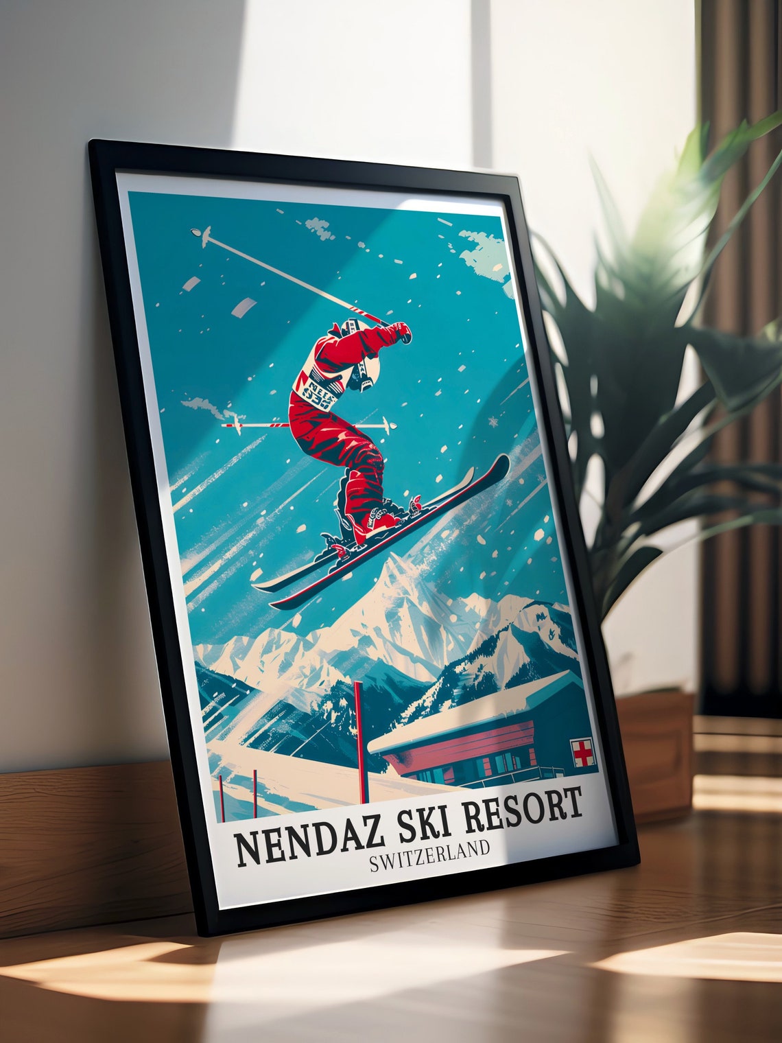 Nendaz Switzerland Retro Ski Jump Poster Alpine Winter Sports Art - Image 3