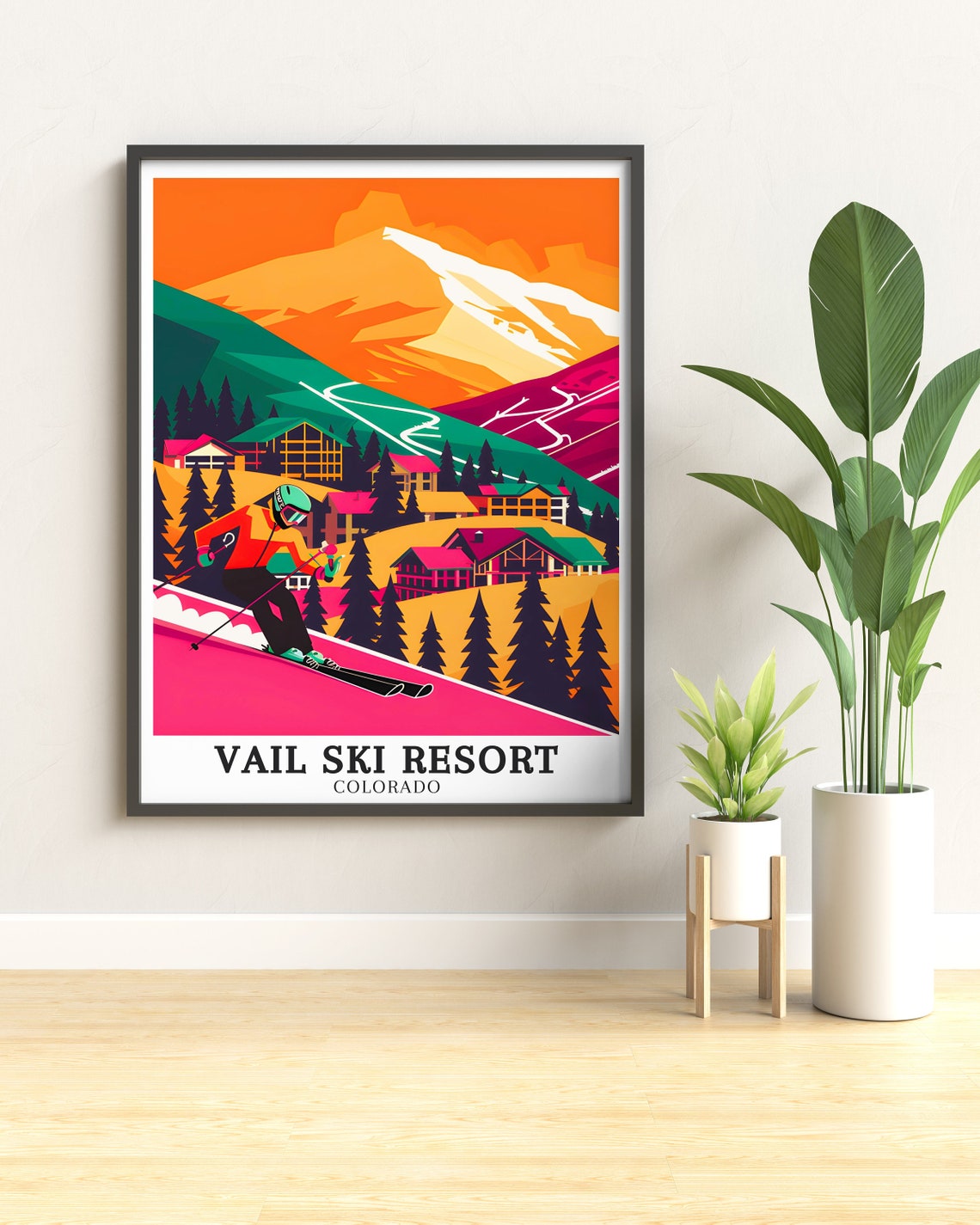 Vail Ski Resort Colorado Retro Skier Pink Slope Graphic Poster - Image 2