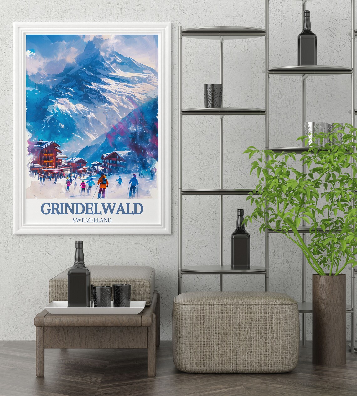 Grindelwald Switzerland Village Skiers Eiger Watercolor Poster - Image 2