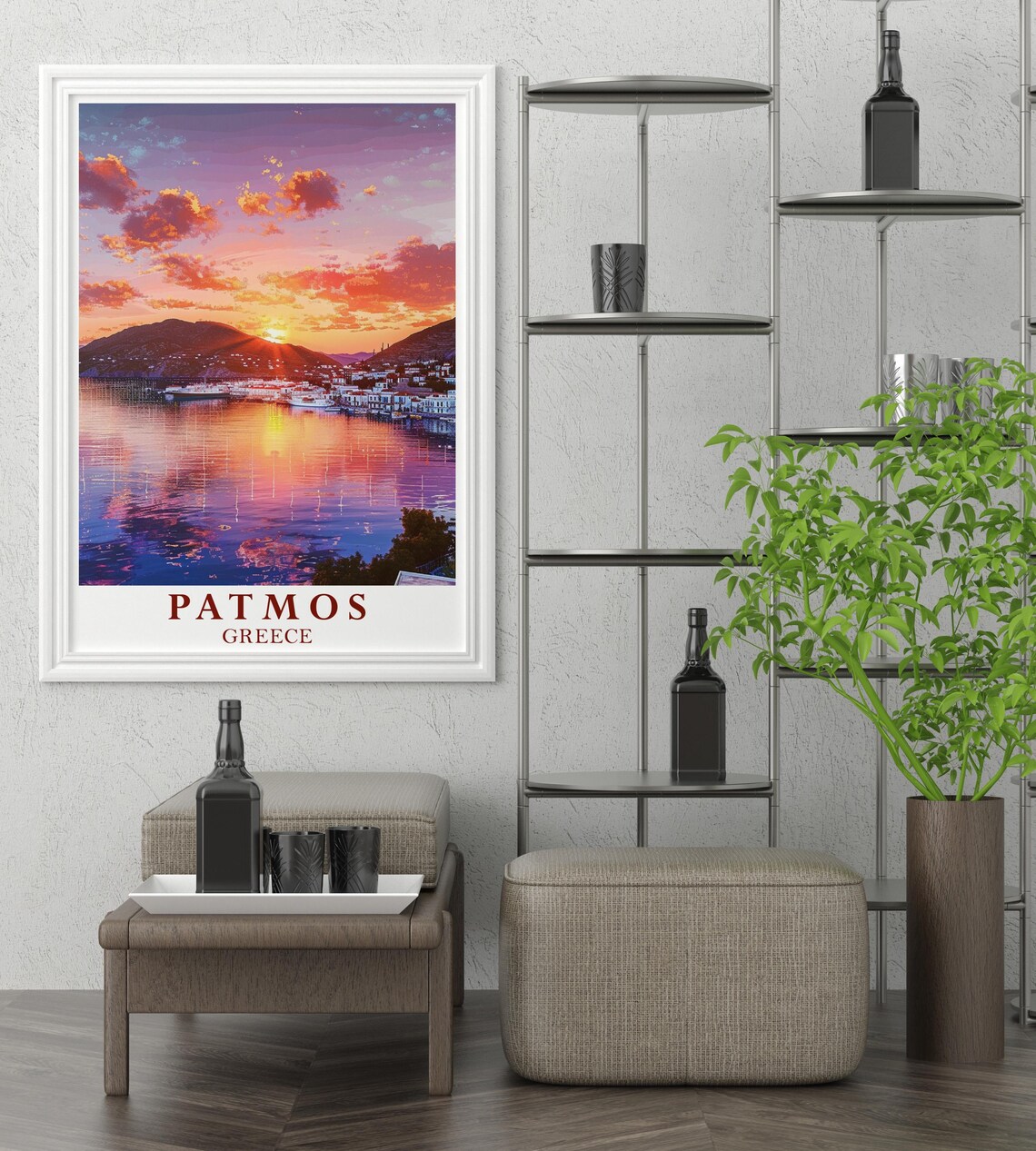 Patmos Greece Skala Harbor Glowing Sunset Water Reflection Poster - Image 3