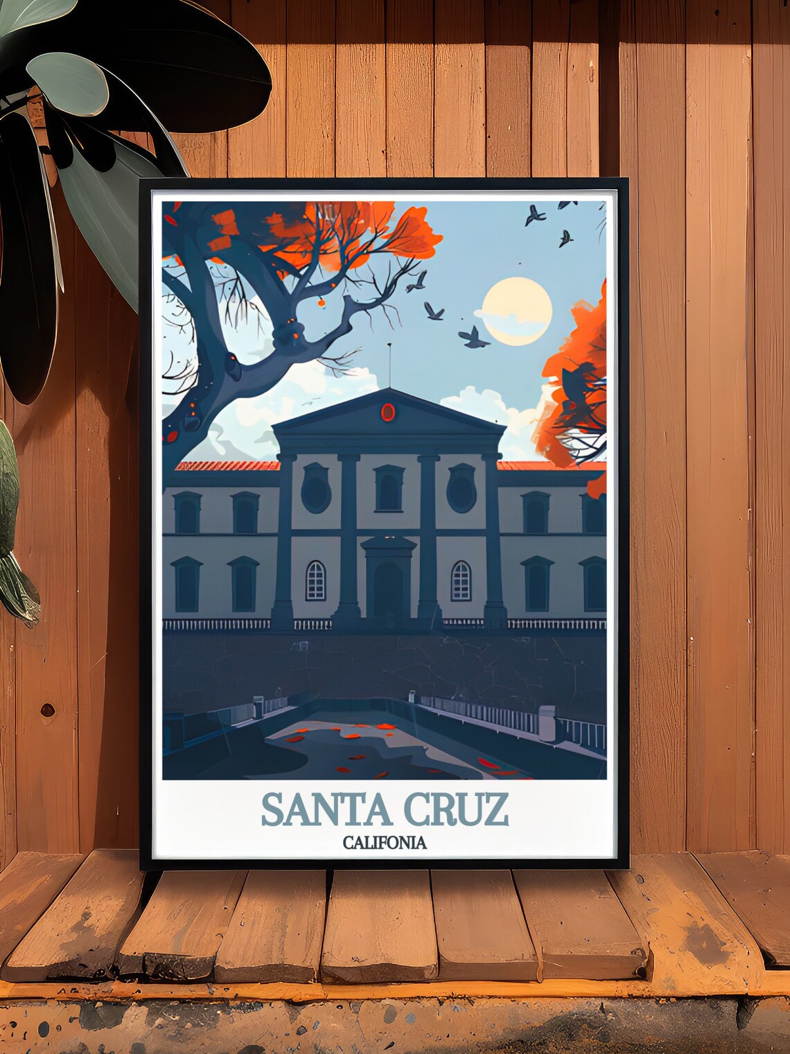 Santa Cruz Museum Columned Facade Moonlit Night Travel Poster - Image 3