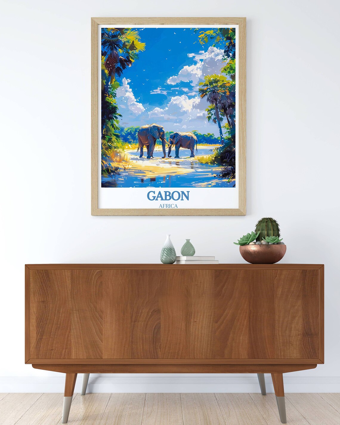 Gabon Africa Elephants by the Water Tropical Jungle Scene Poster - Image 3