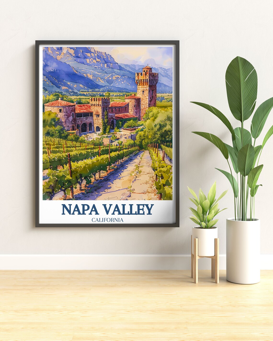 Napa Valley Castle Winery Vineyard Hills Watercolor Travel Poster - Image 2