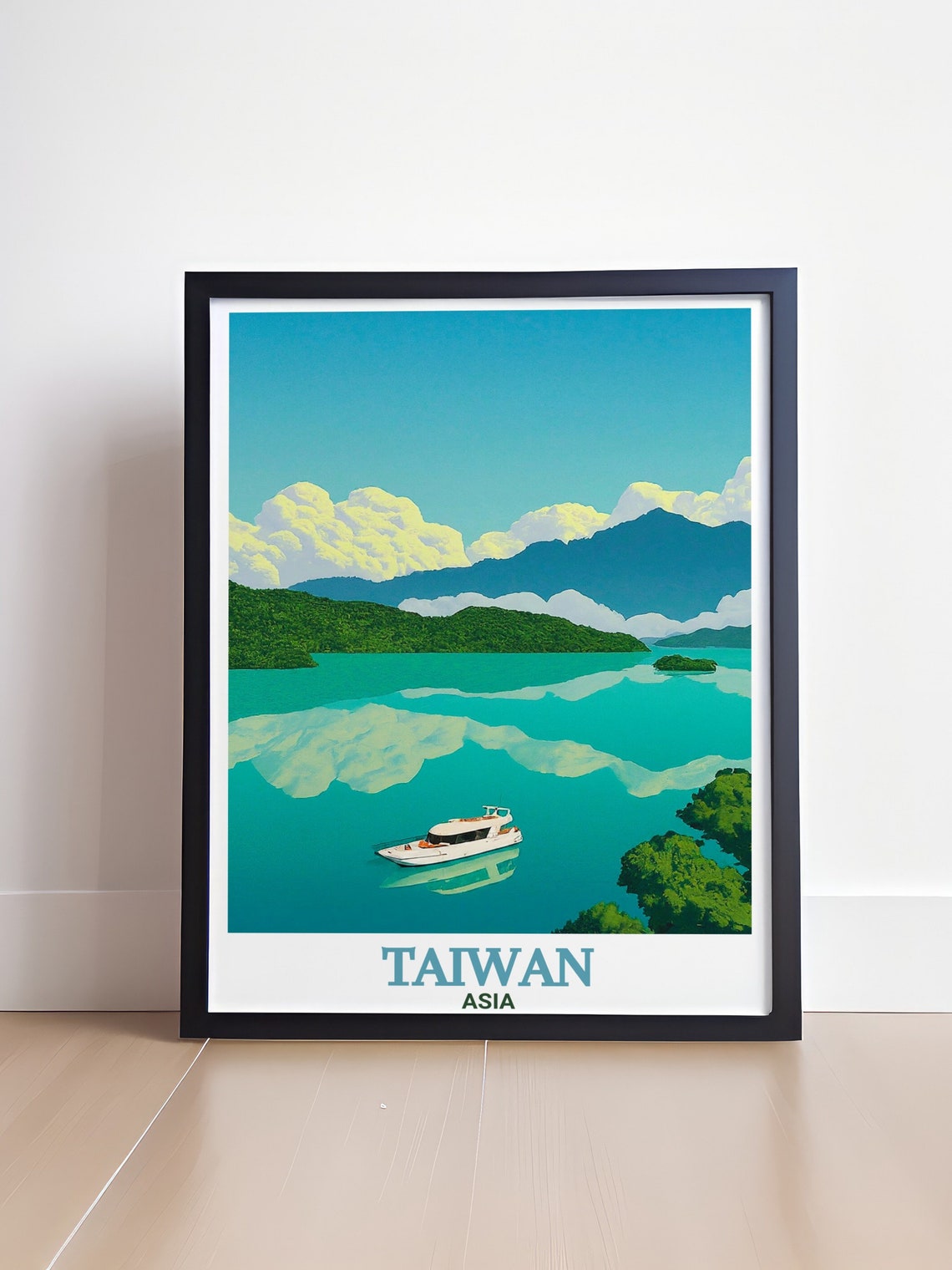 Taiwan Sun Moon Lake Boat Mountainside Reflection Travel Poster - Image 4