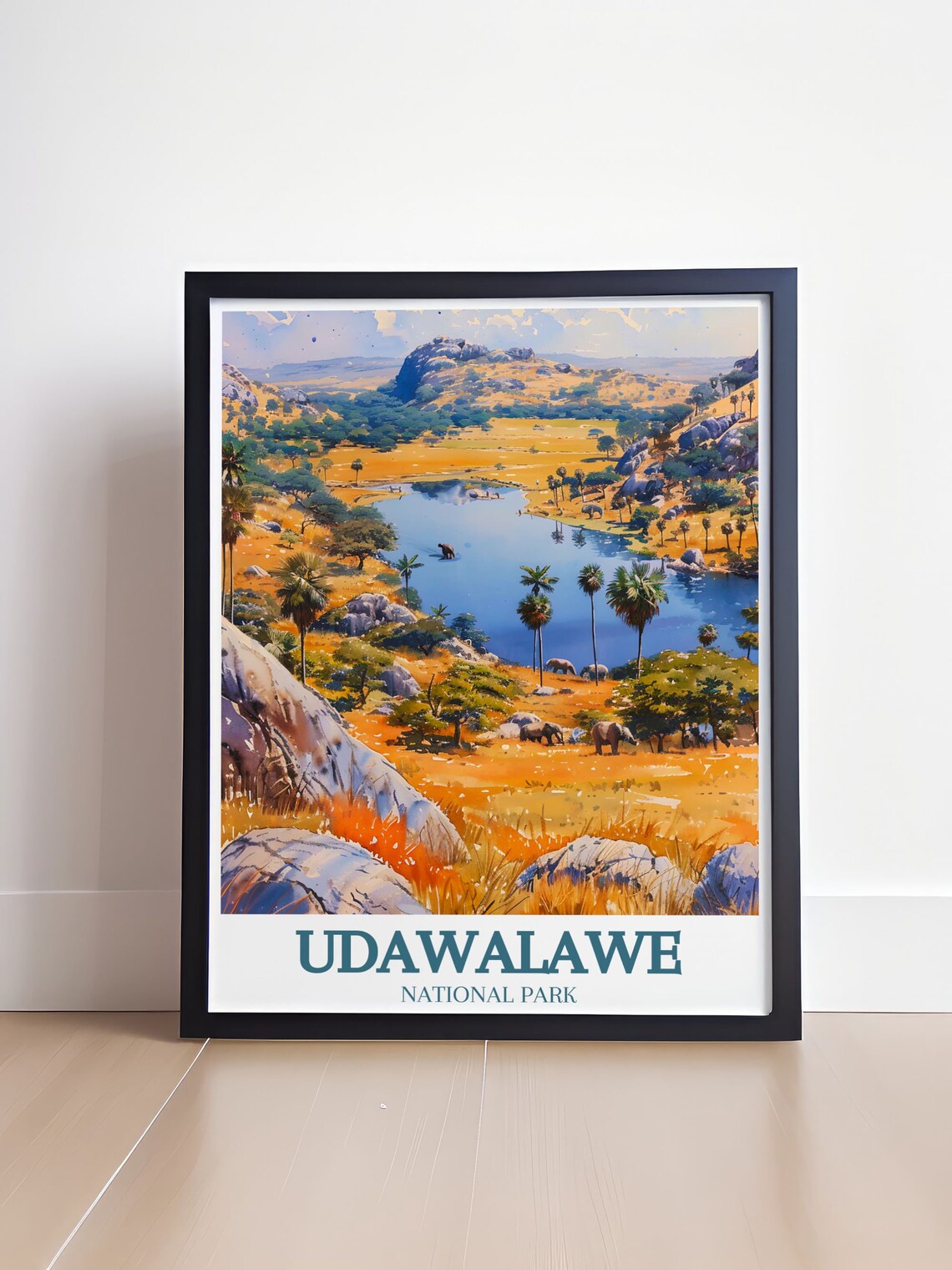 Udawalawe Reservoir Lake Elephants Golden Hills Travel Art Poster - Image 4