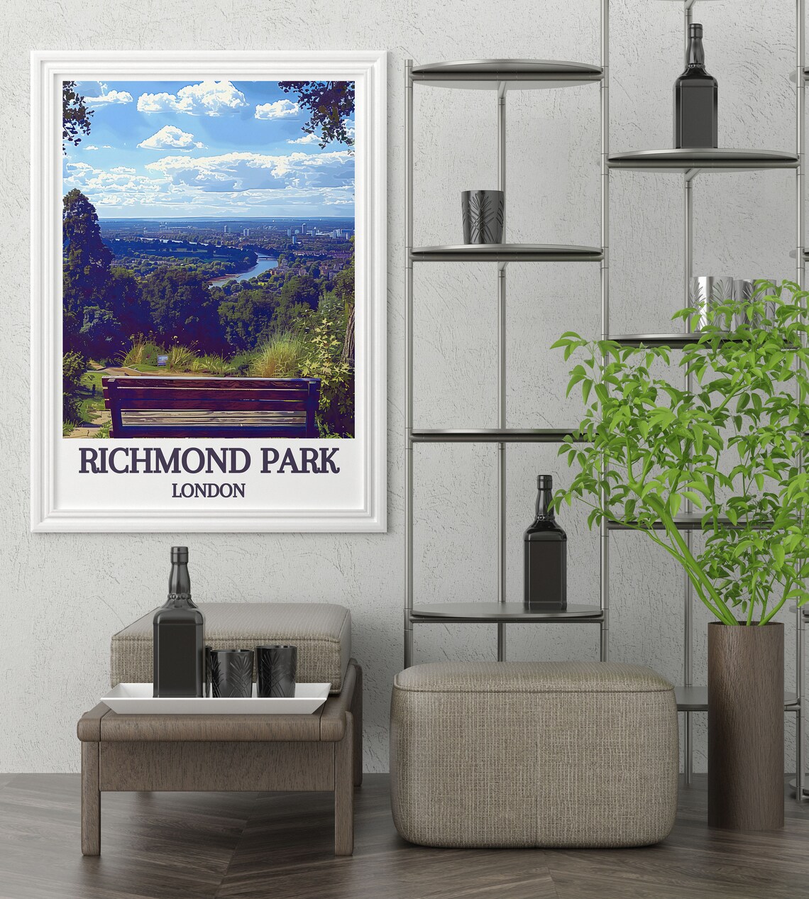 Richmond Park London Park Bench Thames Valley Skyline View Poster - Image 2
