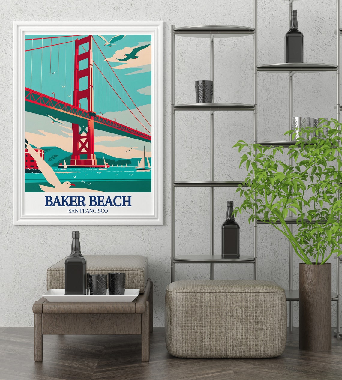Baker Beach Golden Gate Bridge Poster Retro Seagull Coastal Decor - Image 2