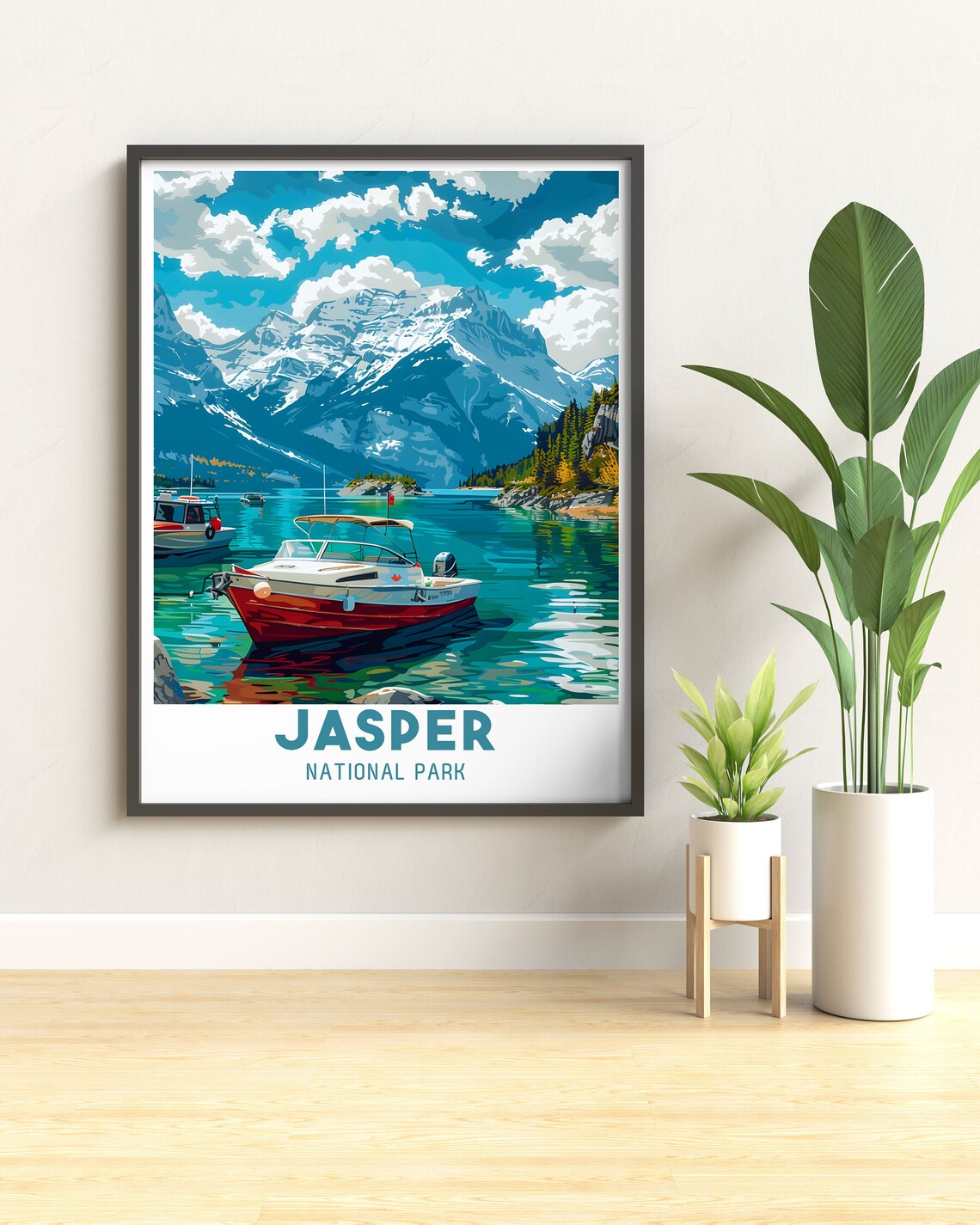 Jasper National Park Turquoise Mountain Lake Red Boats Summer Poster - Image 3