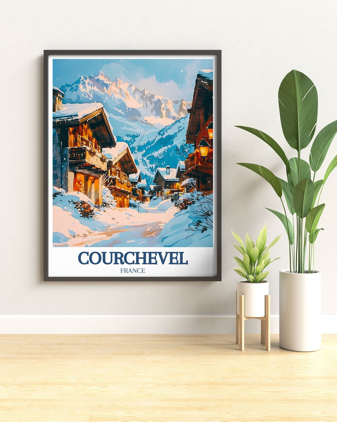Courchevel France Snowy Village Street Dusk Lamplight Travel Poster - Image 3