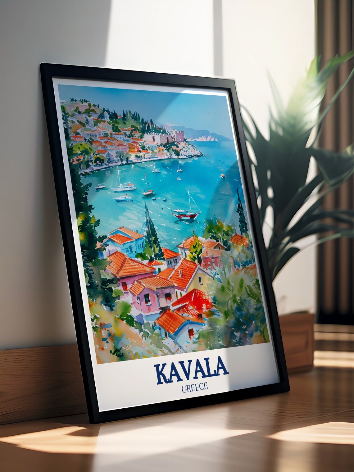 Kavala Greece Aegean Sea Harbor Boats Watercolor Travel Poster - Image 2