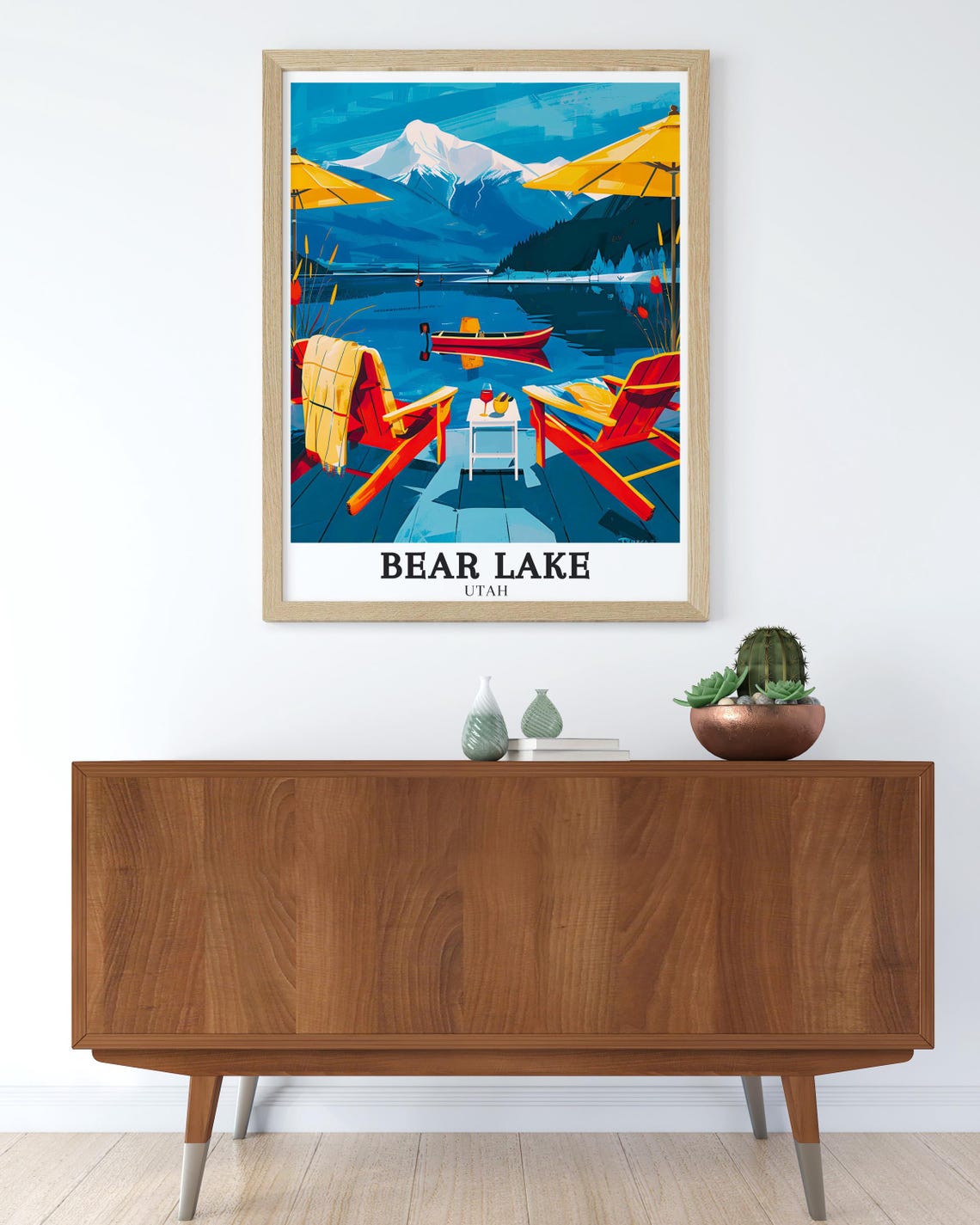 Bear Lake Utah Lakeside Deck Red Chairs Canoe Mountain View Art Poster - Image 3