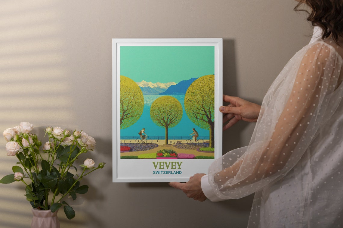 Vevey Lakeside Promenade Cyclists Along Lake Geneva Sunset Poster - Image 3