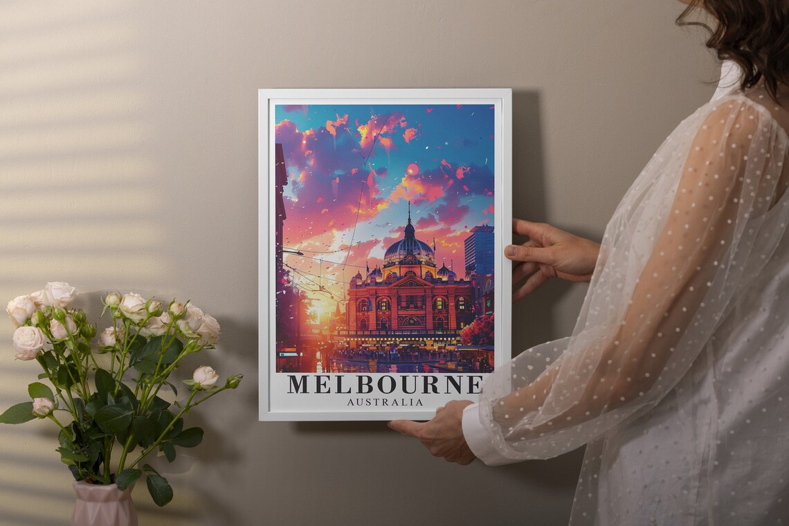 Melbourne Australia Flinders Street Station Sunset City Poster - Image 2