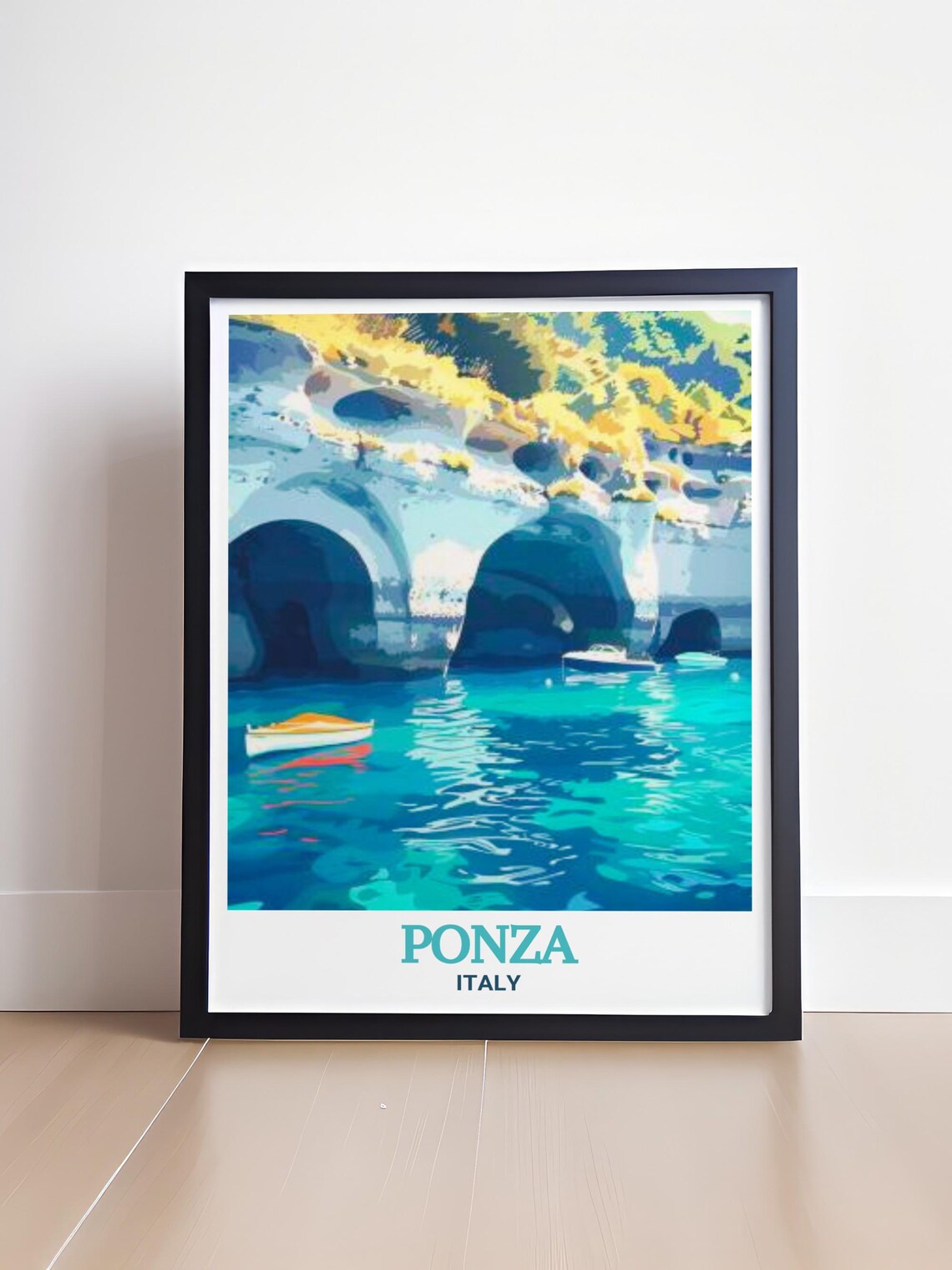 Ponza Italy Sea Caves Turquoise Waters Small Boats Travel Poster - Image 4