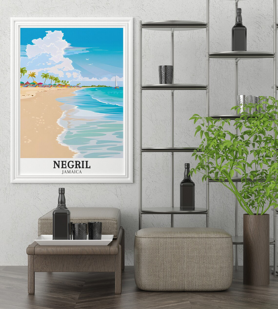 Negril Seven Mile Beach Umbrellas Palm Jamaica Travel Poster - Image 2