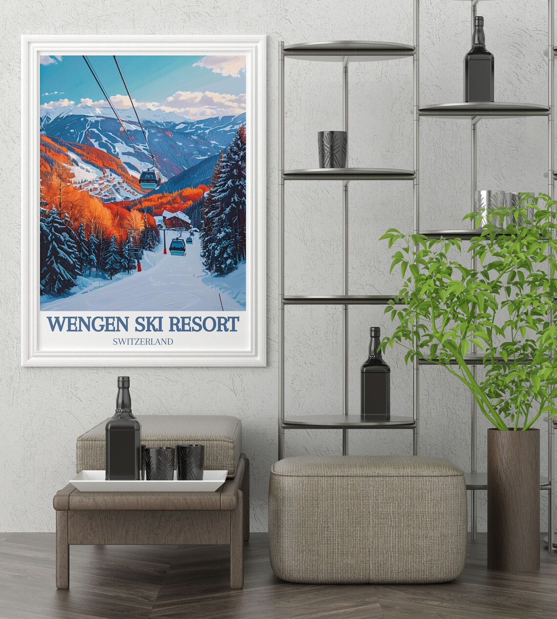 Wengen Switzerland Cable Cars Above Colorful Fall Slopes Poster - Image 2