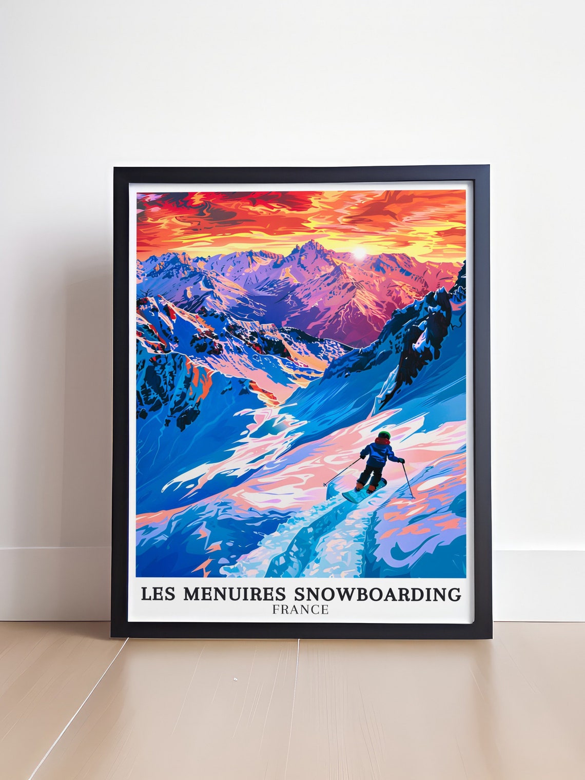 Les Menuires Snowboarding Sunset Alpine Vintage Travel Poster - Image 4