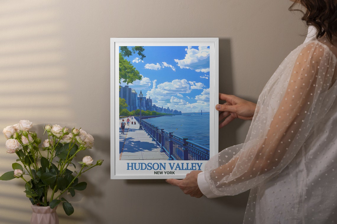 Hudson Valley Riverfront Park Promenade Skyline Sunny Day Poster - Image 3