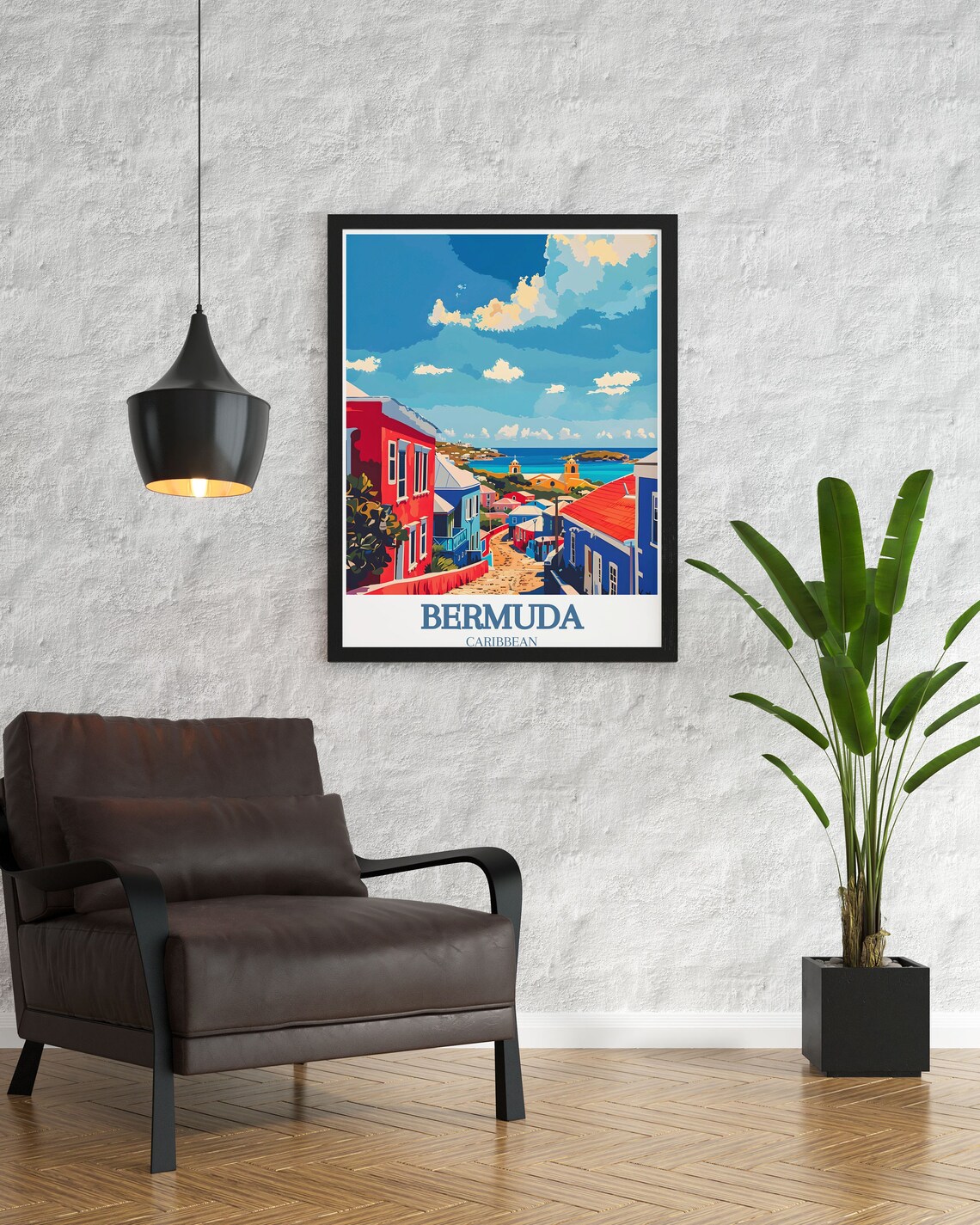 Bermuda Colorful Colonial Street Red Blue Houses Sea View Poster - Image 2