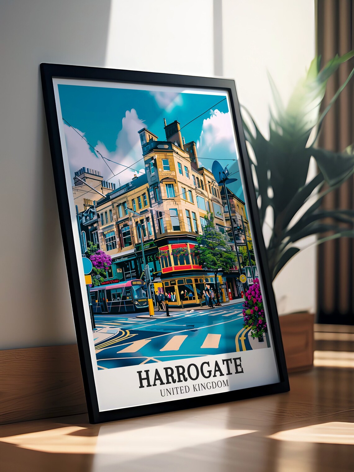Harrogate United Kingdom Vibrant Tram Corner Street Scene Poster - Image 3