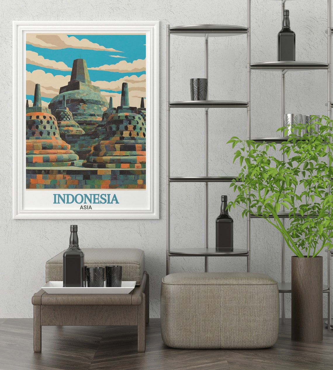 Indonesia Asia Borobudur Temple Stupas Geometric Retro Art Poster - Image 3