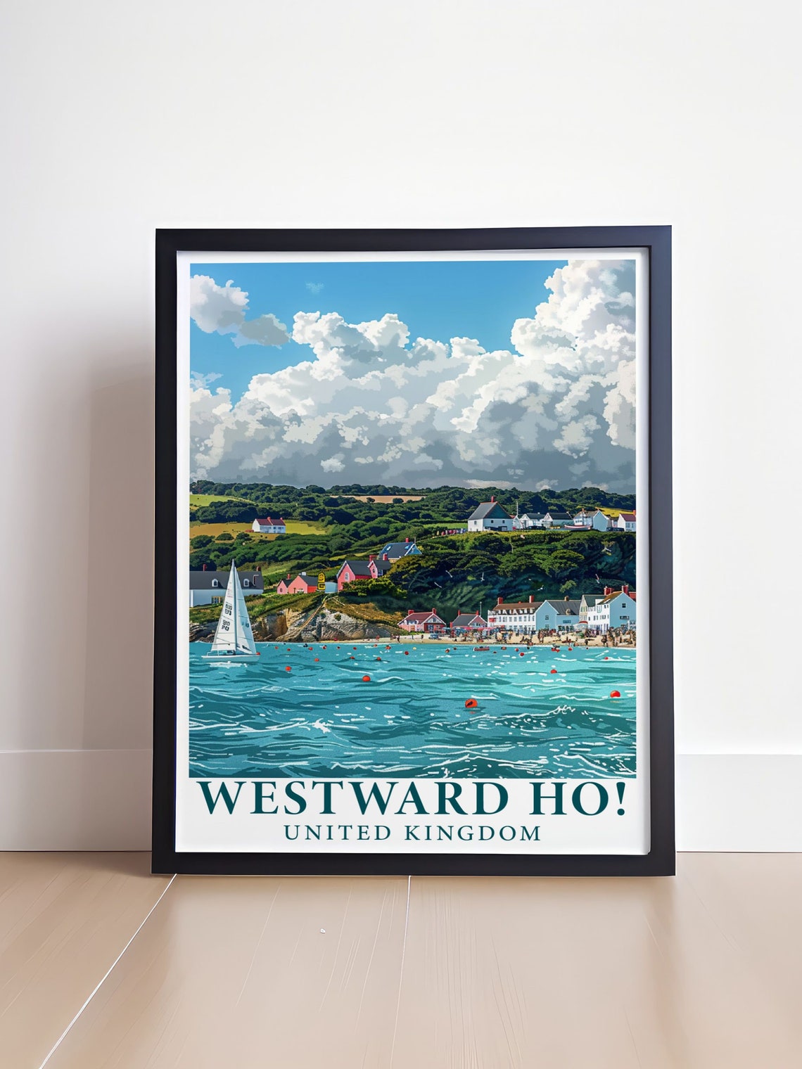 Westward Ho Seaside Village with Sailboat on Turquoise Sea Poster - Image 4