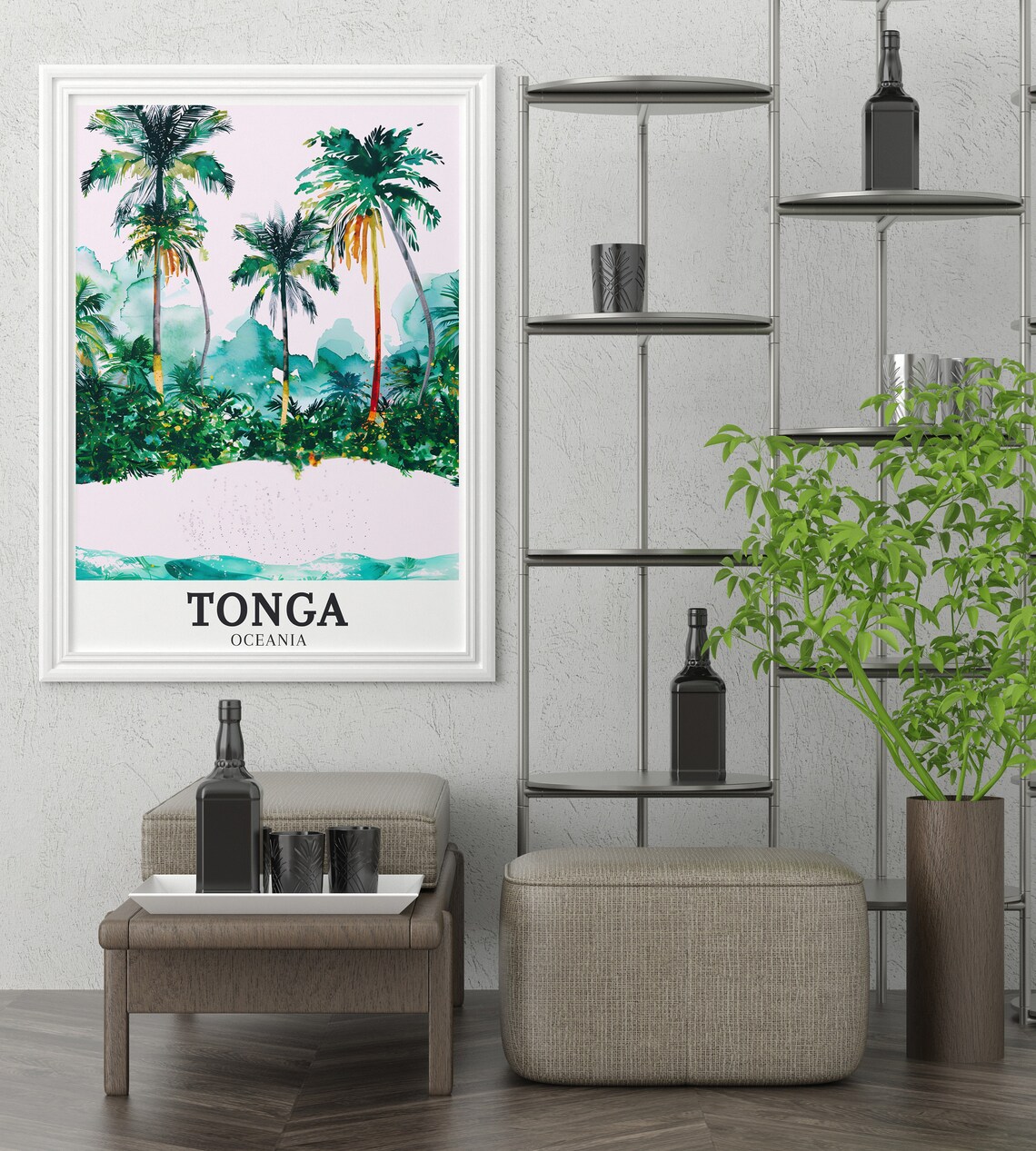 Tonga Oceania Watercolor Palm Trees Tropical Island Beach Poster - Image 2