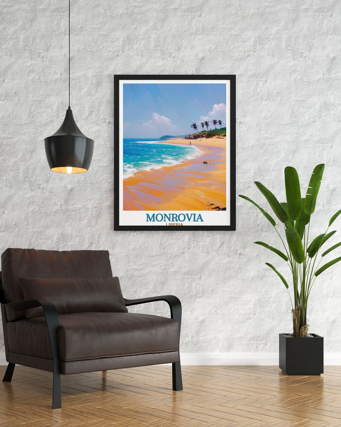 Monrovia Elwa Beach Golden Sand Turquoise Waves Travel Art Poster - Image 2