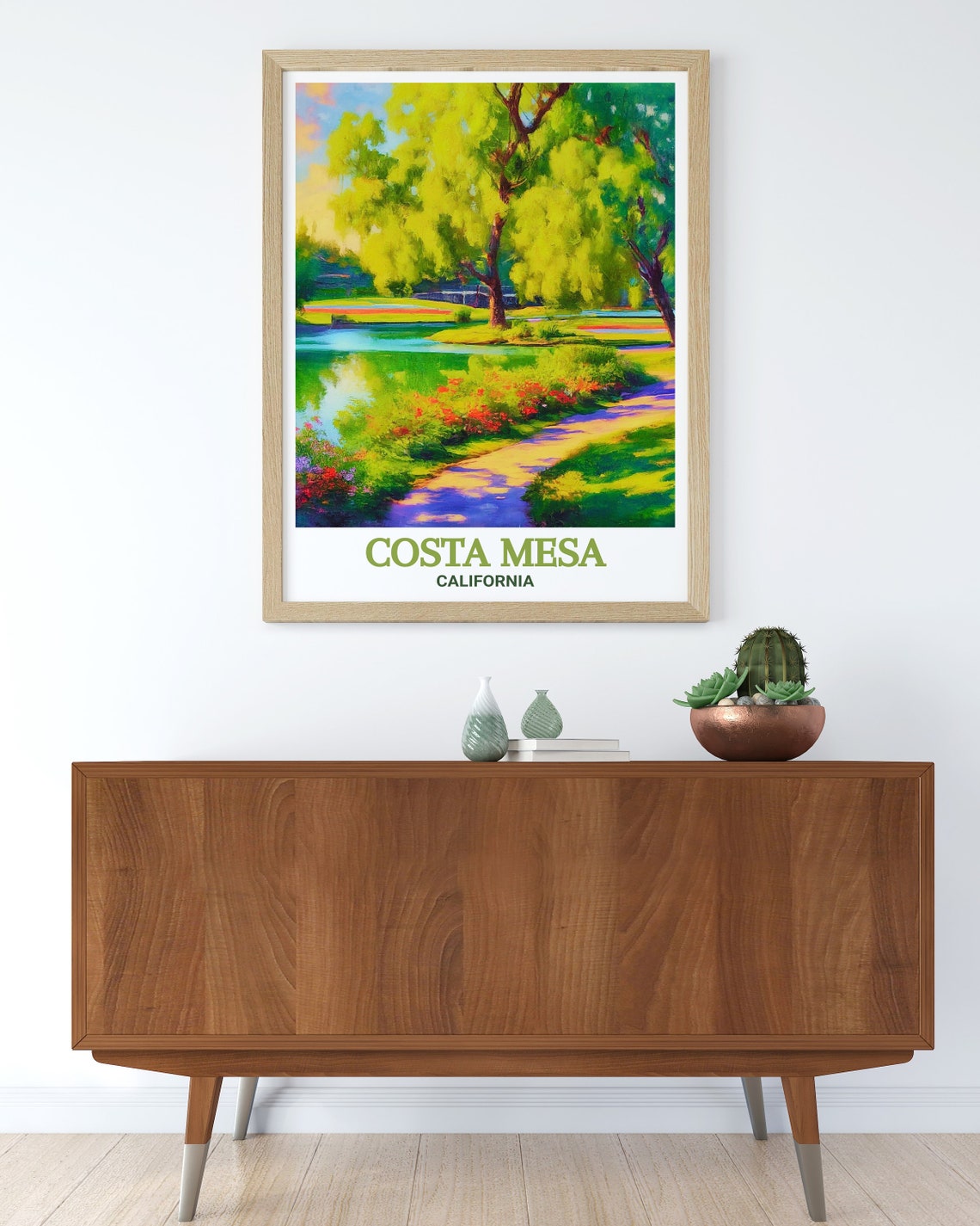Sunlit Costa Mesa California Park Pond Willow Trees Travel Poster - Image 2